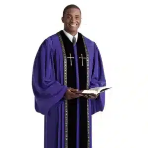 RT Wesley Pulpit Robe with Gold Metallic Piping and Cross - Purple