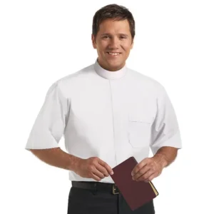 Short Sleeve Banded Collar Shirt - White