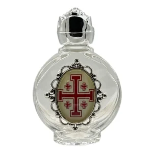 Holy Sepulchre Cross Holy Water Bottle with Rose Top – 2.5" Catholic Devotional Bottle