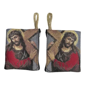 Jesus Carrying the Cross Rosary Pouch – Tapestry Zipper Case – 3" × 4"