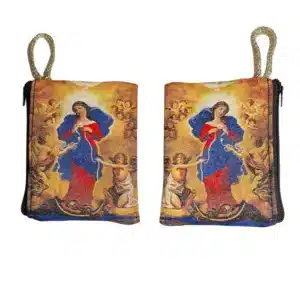 Mary Undoer of Knots Rosary Pouch – Tapestry Zipper Case – 3" × 4"