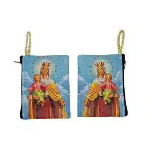 Our Lady of Mount Carmel with Child Jesus Rosary Pouch – Tapestry Zipper Case – 3" × 4"