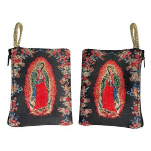 Our Lady of Guadalupe Black Rosary Pouch – Tapestry Zipper Case – 3" × 4"