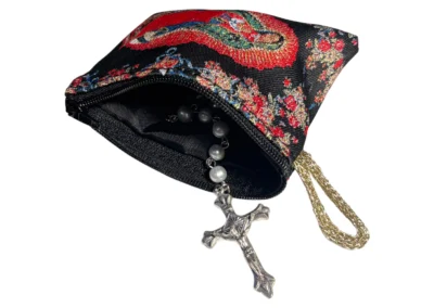 Our Lady of Guadalupe Black Rosary Pouch – Tapestry Zipper Case – 3" × 4": A000017-4