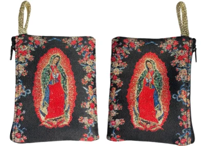 Our Lady of Guadalupe Black Rosary Pouch – Tapestry Zipper Case – 3" × 4": A000017