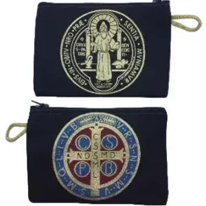 Saint Benedict Medal Rosary Pouch – Tapestry Zipper Case – 3" × 4"