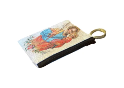 Saint Joseph with Child Jesus Rosary Pouch – Tapestry Zipper Case – 3" × 4": A000021-1