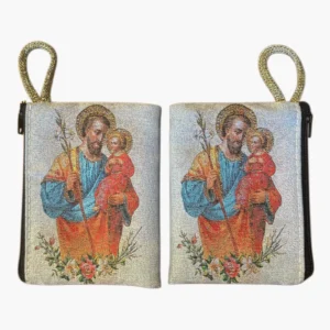 Saint Joseph with Child Jesus Rosary Pouch – Tapestry Zipper Case – 3" × 4"