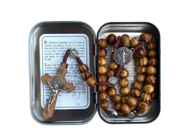 Saint Benedict Wooden Rosary in Prayer Tin – 10mm Beads – 18"