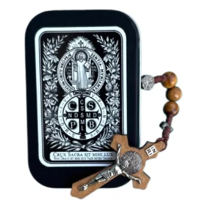 Saint Benedict Wooden Rosary in Prayer Tin – 10mm Beads – 18"