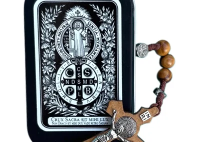 Saint Benedict Wooden Rosary in Prayer Tin – 10mm Beads – 18"