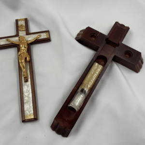 Mother-of-Pearl Style Inlay with Original Candle and Holy Water Bottle – c. 1955–1975