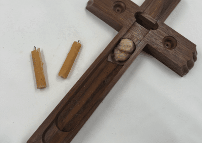 Vintage Walnut Catholic Sick Call Crucifix with Hidden Last Rites Compartment – Pearloid Inlay & Original Beeswax Candles – c. 1960–1975:AHZ0007-1