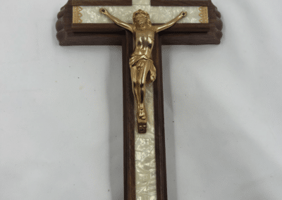 Vintage Walnut Catholic Sick Call Crucifix with Hidden Last Rites Compartment – Pearloid Inlay & Original Beeswax Candles – c. 1960–1975:AHZ0007-2