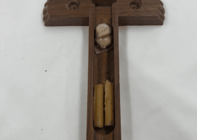 Vintage Walnut Catholic Sick Call Crucifix with Hidden Last Rites Compartment – Pearloid Inlay & Original Beeswax Candles – c. 1960–1975:AHZ0007-3