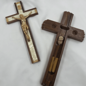 Vintage Walnut Catholic Sick Call Crucifix with Hidden Last Rites Compartment – Pearloid Inlay & Original Beeswax Candles – c. 1960–1975