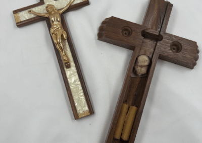 Vintage Walnut Catholic Sick Call Crucifix with Hidden Last Rites Compartment – Pearloid Inlay & Original Beeswax Candles – c. 1960–1975:AHZ0007