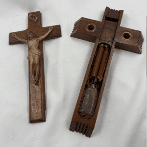 Vintage Catholic Sick Call Crucifix with Hidden Compartment, Candles & Holy Water Bottle – c. 1945–1960