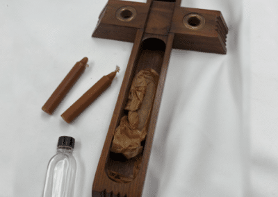 Vintage Catholic Sick Call Crucifix with Hidden Compartment, Candles & Holy Water Bottle – c. 1945–1960:AHZ0010-4