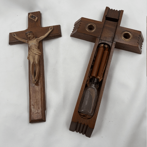 Vintage Catholic Sick Call Crucifix with Hidden Compartment,... Vintage Catholic Sick Call Crucifix with Hidden Compartment, Candles & Holy Water Bottle – c. 1945–1960