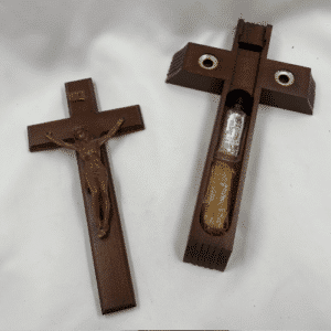 Vintage Catholic Sick Call Crucifix with Holy Water Bottle & Candles – Hardwood Last Rites Crucifix – c. 1955–1970