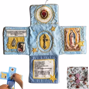 Handcrafted Catholic Pocket Shrine in Spanish (Light Blue)