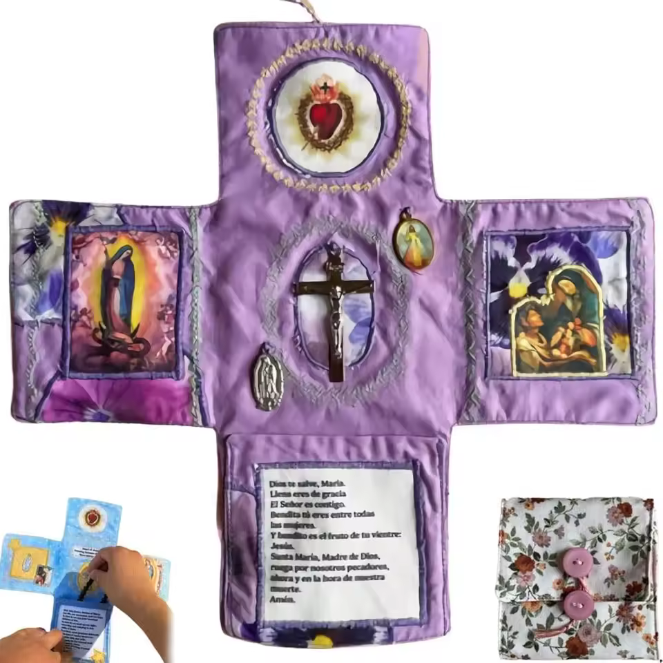 Handcrafted Catholic Pocket Shrine in Spanish (Purple) Handcrafted Catholic Pocket Shrine in Spanish (Purple)