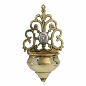 Our Lady of Guadalupe Holy Water Font with Pewter-Style Medal – Shiny Brass – Made in Italy – 7.75"
