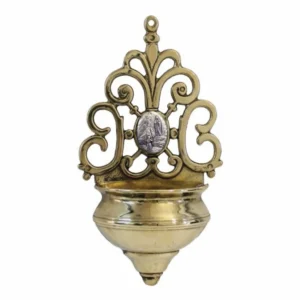 Our Lady of Lourdes Holy Water Font with Pewter-Style Medal Shiny Brass 7.75"