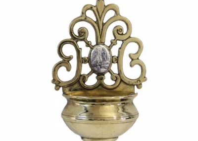 Our Lady of Lourdes Holy Water Font with Pewter-Style Medal Shiny Brass 7.75"