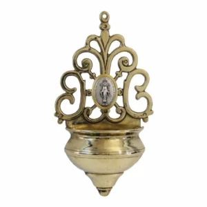 Miraculous Medal Holy Water Font with Gold Trim – Shiny Brass – Made in Italy – 7.75"