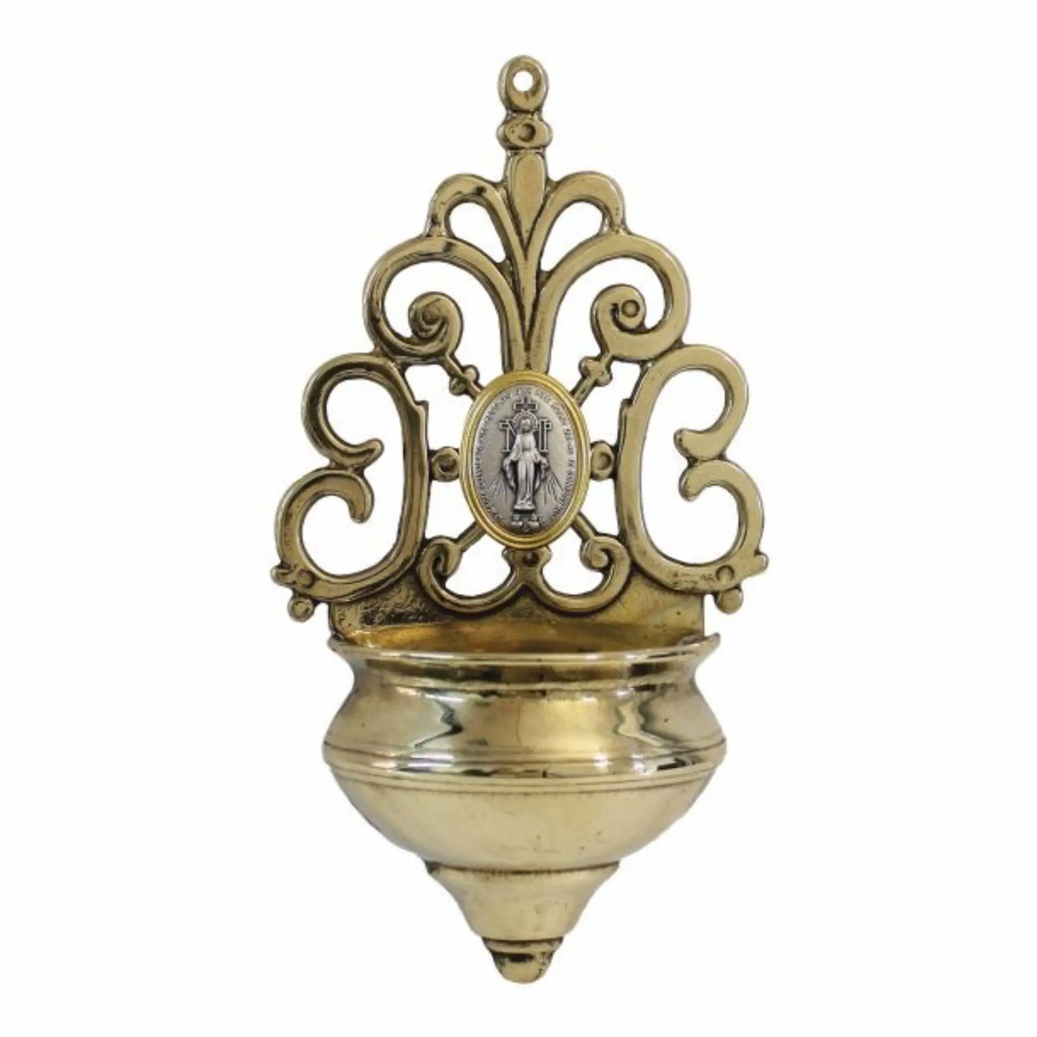 Miraculous Medal Holy Water Font with Gold Trim Shiny Brass... Miraculous Medal Holy Water Font with Gold Trim – Shiny Brass – Made in Italy – 7.75"