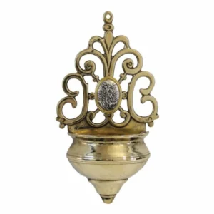 Saint Michael Holy Water Font with Gold-Trim Pewter-Style Medal – Shiny Brass – Made in Italy – 7.75"
