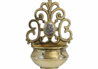 Saint Michael Holy Water Font with Gold-Trim Pewter-Style Medal – Shiny Brass – Made in Italy – 7.75"