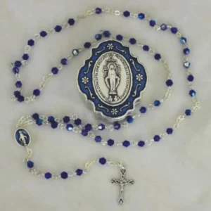 Miraculous Medal Blue Glass Bead Rosary and Box – Made in Italy – 14"
