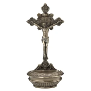 Saint Benedict Crucifixion Holy Water Font in Cold Cast Bronze