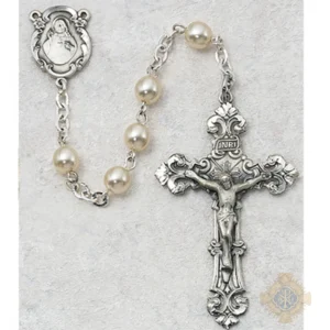 Pearl like Glass Rosary with Sterling Silver Crucifix