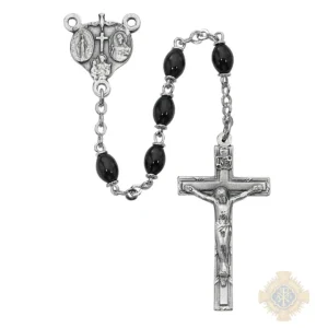 Black Glass Oval Rosary with Zinc Alloy Crucifix