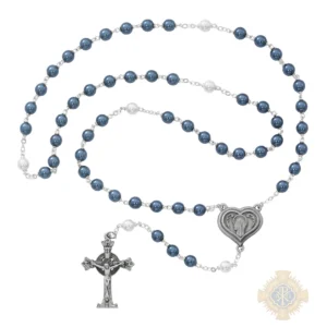 Blue and Pearl like Glass Lourdes Water Rosary with Pewter Crucifix