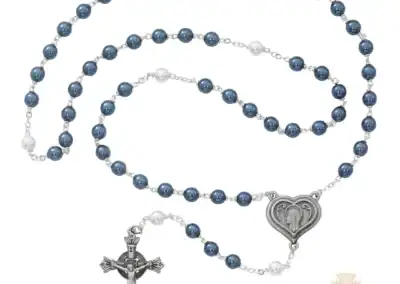 Blue and Pearl like Glass Lourdes Water Rosary with Pewter Crucifix