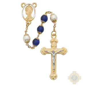 Blue and Pearl like Glass Rosary with Pewter Crucifix
