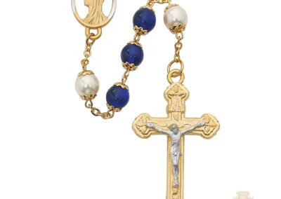 Blue and Pearl like Glass Rosary with Pewter Crucifix