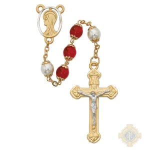 Red and Pearl like Glass Rosary with Pewter Crucifix