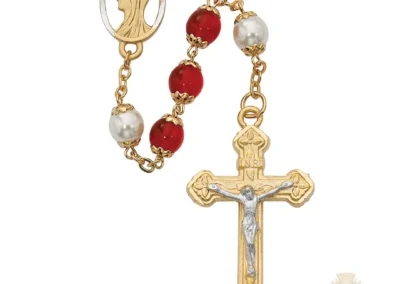 Red and Pearl like Glass Rosary with Pewter Crucifix