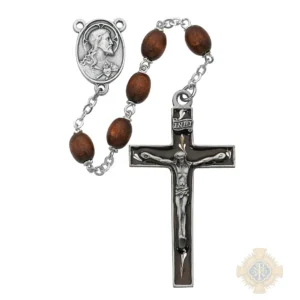 Brown Oval Wood Rosary with Pewter Crucifix