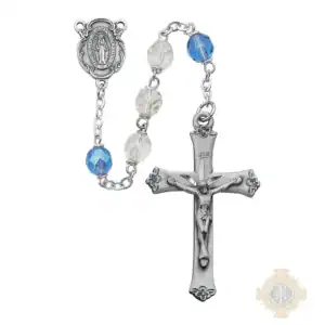 Blue and Aurora Glass Rosary with Pewter Crucifix