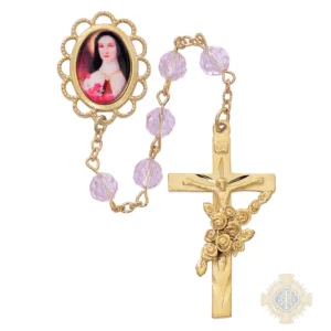 Rose Crystal St Therese Rosary with Pewter Crucifix
