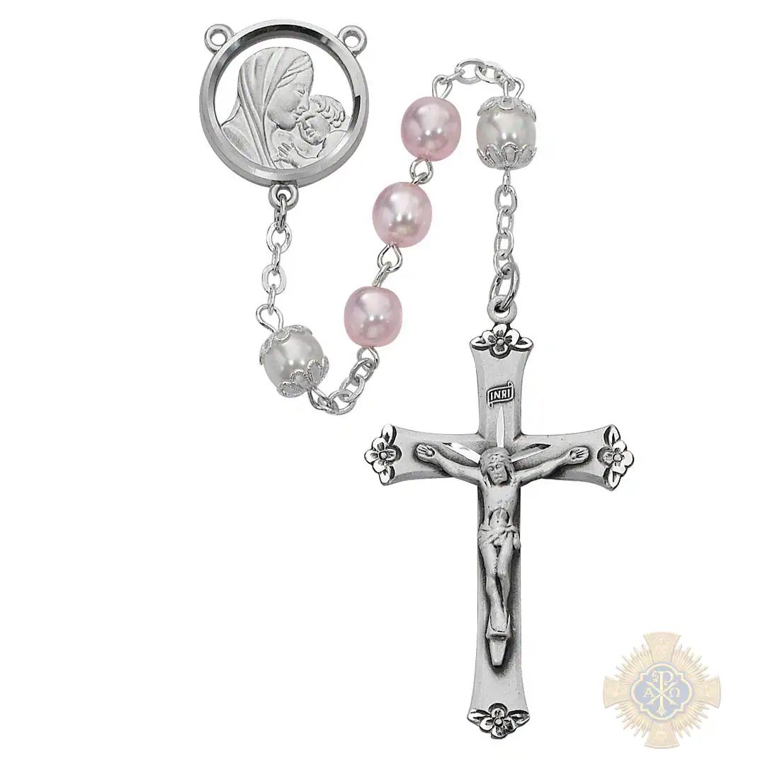Mother and Child Pink and White Rosary with Pewter Crucifix Mother and Child Pink and White Rosary with Pewter Crucifix