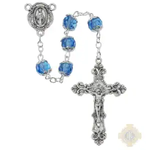 Blue Glass Capped Rosary with Zinc Alloy Crucifix
