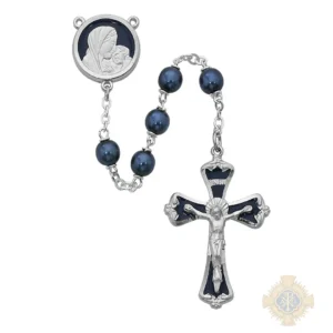 Mother and Child Blue Glass Rosary with Pewter Crucifix